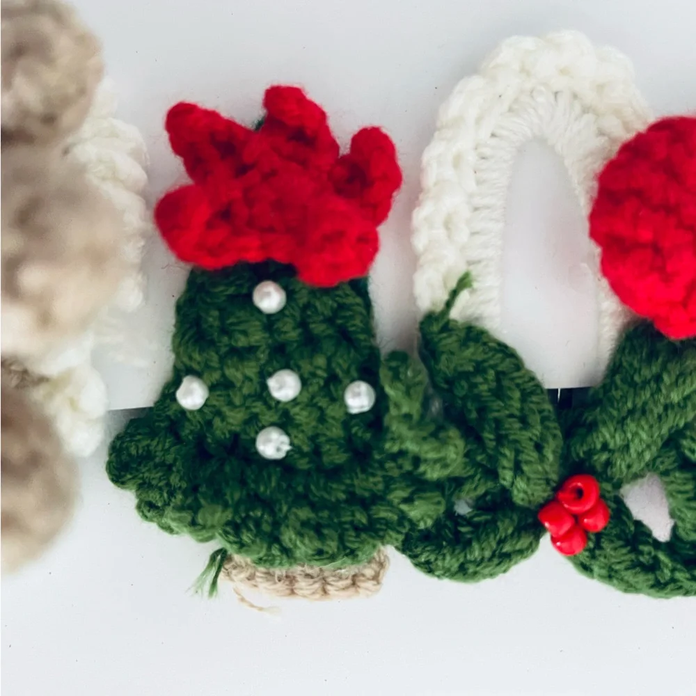 Artisan handcrafted holiday Christmas crochet hair clips Tree, mitten, bows New